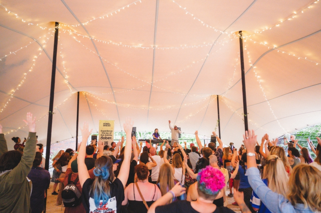 The crowd under cover in the Den at Trinity dancing to Roni Size at our Sober Day rave