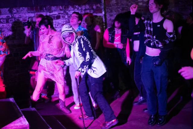 The crowd dancing at our first sober queer night at Loco Klub, March 2025.